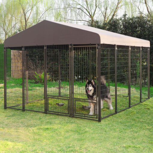 Heavy-duty Dog Cage Kennel With Powder-coated Steel Frame, Rotating Feeding Door, Upgraded Canopy Shelter, Outdoor Pet House