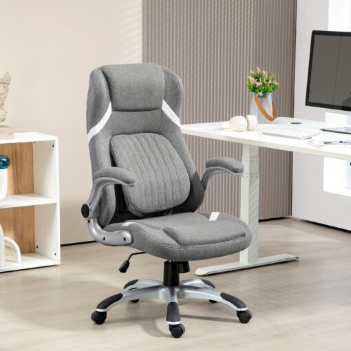 High Back Executive Office Chair, Fabric Office Desk Chair With Flip-up Armrests, Adjustable Lumbar Support And Tilt Function, Grey