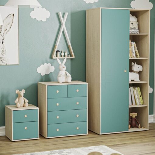 Home Discount - Neptune 3 Piece Bedroom Furniture Set Bedside Table, Chest of Drawers & Wardrobe, Blue & Oak