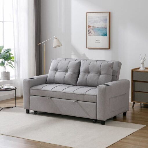 Hudson sofa bed linen fabric with cup holders light grey 2-SEATER - Light Grey