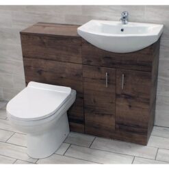 Hydros - 1050mm Walnut Oak Finish Bathroom Furniture Vanity Set Basin Sink + Toilet Unit, With luxury pan-With Louisa waterfall tap & waste