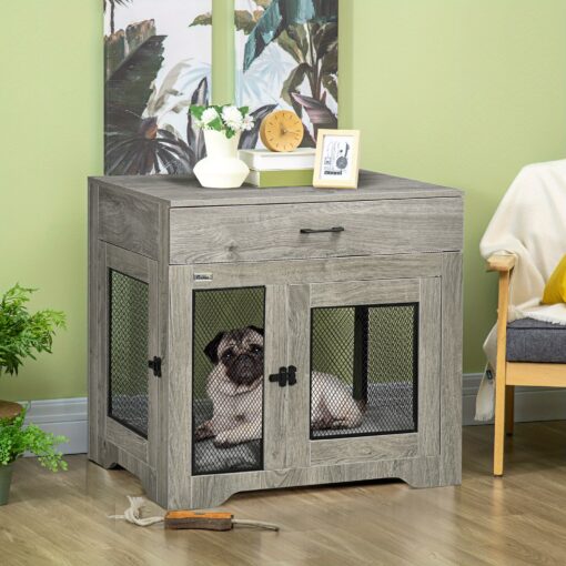 Indoor Dog Crate Furniture With Cushion, Double Doors, Pet Kennel End Table With Drawer, For Medium Dogs - Grey