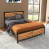 Industrial Double Bed Frame, 5ft Steel Bed Base With Headboard, Footboard, Slatted Support And Under Bed Storage, 147 X 197cm, Rustic Brown