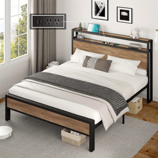 Industrial Platform Bed With Integrated Charging Station, Dual-level Storage Headboard, Silent Design, No Box Spring Required