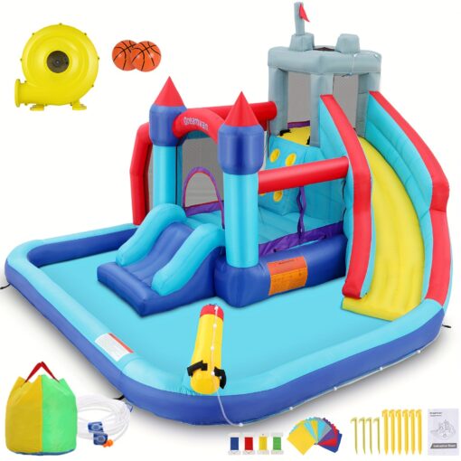 Inflatable Bounce House Water Slides For Kids With Blower, House Water Park For Kids Backyard, Waterslide Splash Pool, Water , Climbing Wall, Bounce