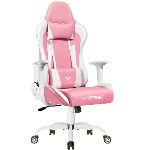 Kawaii Gaming Chair For Girl Ergonomic Desk Racing Office Adjustable High Back Game Swivel Faux Leather Chair With Lumbar Support And Headrest