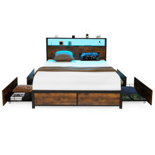 King Bed Metal Frame W/ LED & Drawers Charging Station No Box Spring Needed