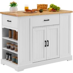 Kitchen Island Cart, 46' Wood Top Breakfast Bar with Storage Cabinet, Farmhouse Kitchen Table with Adjustable Shelf, Drawer, for Dining Kitchen