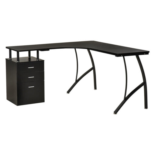 L-Shaped Computer Desk Table With Storage Drawer Home Office Corner Industrial Style Workstation, Black