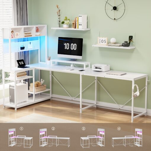 L Shaped Computer Desk With Power Outlet≤d Lights, Office Gaming Desk With Pegboard&monitor Shelf&storage Shelf, White