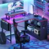 L Shaped Desk With Led Lights, Small Computer Desk With Open Storage Cabinet & Monitor Stand, Reversible With Side Storage Bag For Home Office