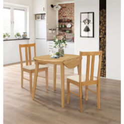 Ledbury Small Dining Table and 2 Chairs, Round Drop Leaf Table and Cream Fabric Padded Seat Chairs, Wooden Folding Table and Chairs in Light Oak,