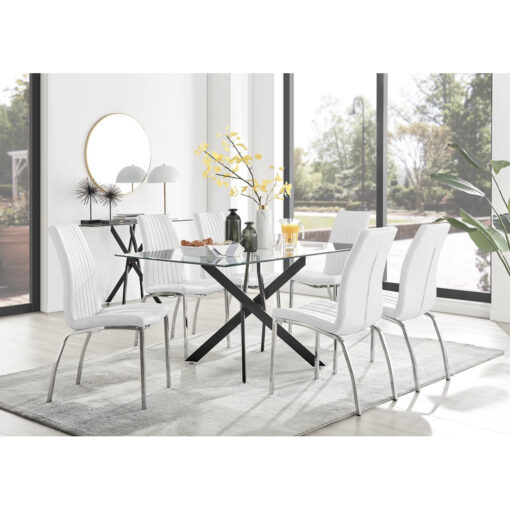 Lenworth Black Metal and Glass Rectangular Dining Table Set with 6 Soft Touch Faux Leather Chairs