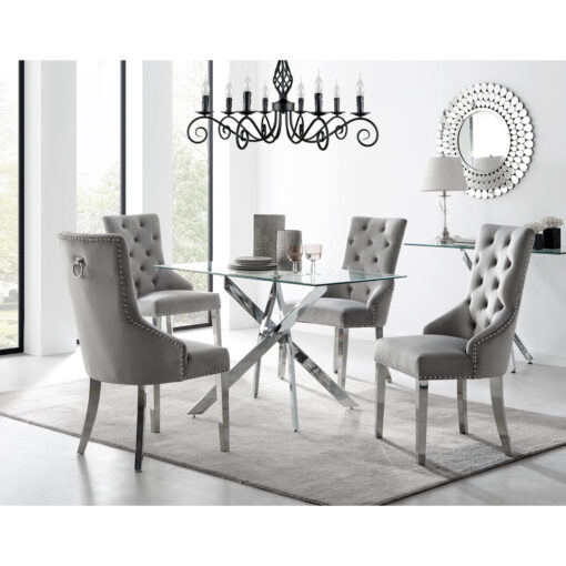 Lenworth Chrome and Glass Rectangular Dining Table Set with 4 Luxury Button Velvet Chairs