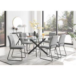 Lenworth Modern Glass & Chrome Metal Dining Table Set & 6 Luxury Fabric Dining Chairs