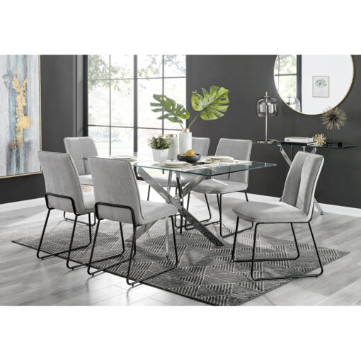 Leonardo Glass And Chrome Dining Table & 6 Light Grey Halle Chairs