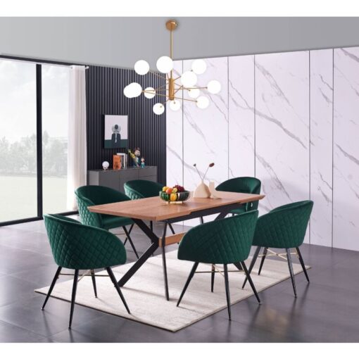 Life Interiors - Blaze lux Vittorio Dining Set - an Oak Extendable Dining Table and Set of 6 Green Velvet Dining Chairs - Dining Room Kitchen