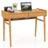 Lifezeal Bamboo Writing Desk 39.5" Computer Study Desk W/ 2 Storage Drawers & Open Shelf