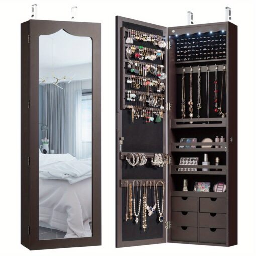 Lifezeal Wall Door Mounted Led Mirror Jewelry Cabinet Lockable Armoire W/ 6 Drawers Brown