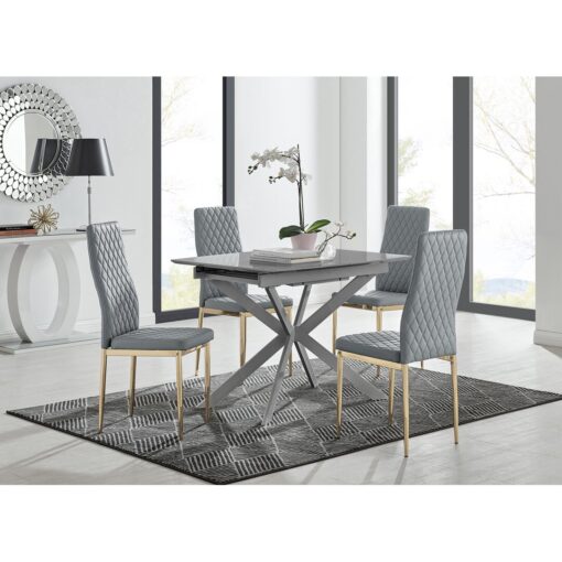 Lira 120Cm Grey Metal Extending Dining Table & 4 Black Milan Gold Leg Chairs