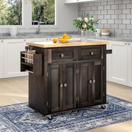 Livingandhome - Wooden Kitchen Island Cart with Storage Cabinets