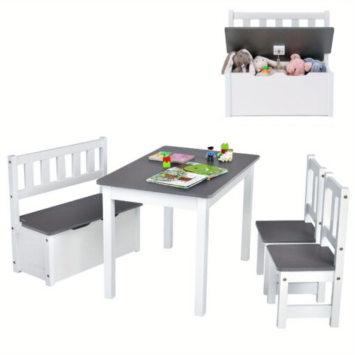 Maxmass 4 Pcs Kids Wooden Activity Table & Chairs Set W/ Storage Bench Study Desk Grey Christmas Gift