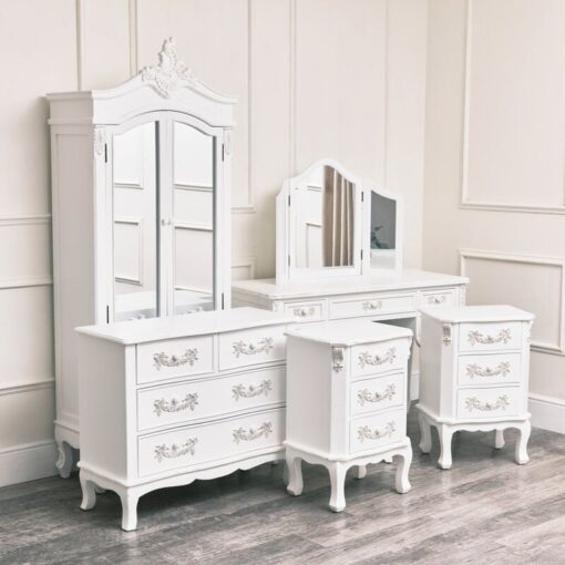 Melodymaison - Antique White Closet, Dressing Table Set, Chest of Drawers & Pair of Bedside Tables - Pays Blanc Range