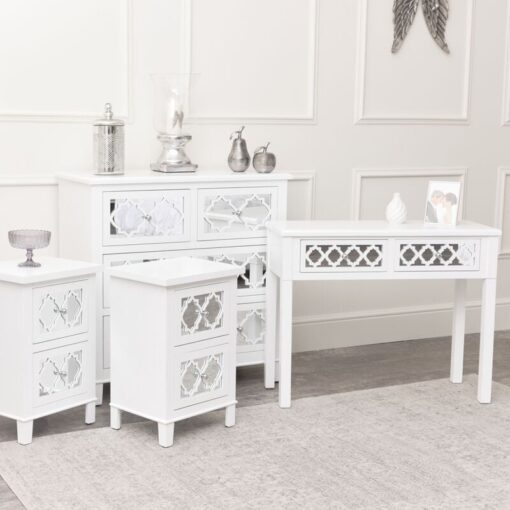 Melodymaison - Large White Mirrored Lattice Chest of Drawers, Console / Dressing Table & Pair of Bedside Tables - Sabrina White Range