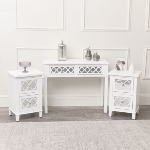 Melodymaison - White Mirrored Lattice Console Table / Dressing Table & Pair of White Mirrored Bedside Tables - Sabrina White Range