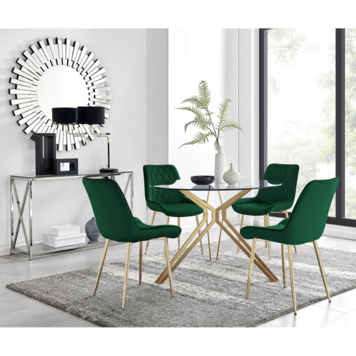 Modern Casino Glass and Metal Hairpin Leg Dining Table Set With 4 Luxury Velvet Dining Chairs