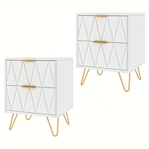 Modern White Bedside Table With Metal Legs, With 2 Drawers Nightstand, Perfect For Living Room Or Bedroom, White