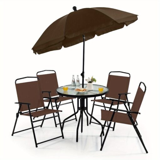 Multigot 6 Pcs Patio Dining Set Folding Chairs Glass Table Tilt Umbrella Garden