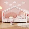 Multigot Twin Size House Bed, Wooden Bed Frame With Roof, Headboard And Footboard, Low Floor Slatted Bed Base For Kids, Teens, No Box Spring Needed,