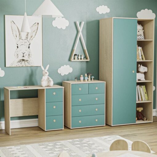 Neptune 4 Piece Bedroom Furniture Set Chest of Drawers, Desk & Wardrobe, Blue & Oak