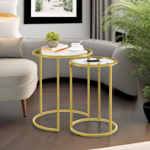 Nest of Gold Glass Round Side Tables, End Table Set, Glass Nesting Tables , Living Room Furniture