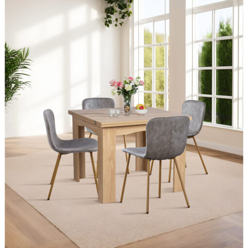 Newquay Oak Flip Top Extending Table With 4 Grey Leather Effect Chair With Oak Effect Legs