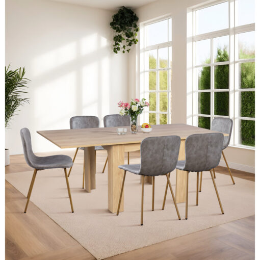 Newquay Oak Flip Top Extending Table With 6 Grey Leather Effect Chair With Oak Effect Legs