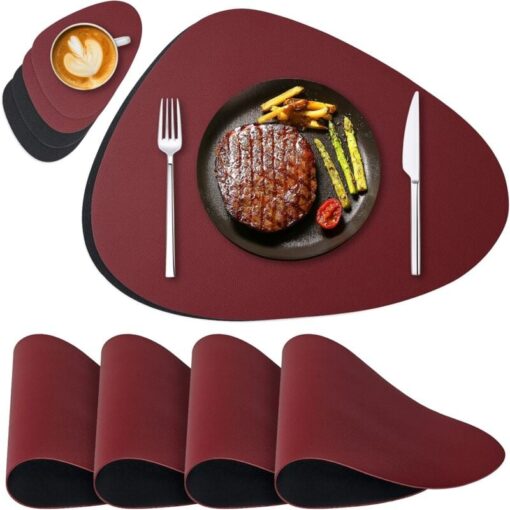 Norcks - Placemat Reversible Leather 4 Pack Table Mats Washable And 4 Pack Coasters For Home Kitchen Dining Room Red+Black