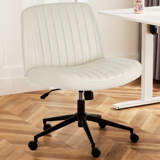 Office Chair Criss Cross Legged Chair, Armless Office Chair With Wheels, Comfy Home Office Desk Chairs, Adjustable Swivel Padded Seat, Fabric Vanity