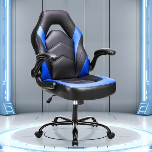 Office Ergonomic Computer Gaming Desk Racing Chair For Adults, Flip-up Arms Adjustable Height Pu Leather Swivel With Wheels