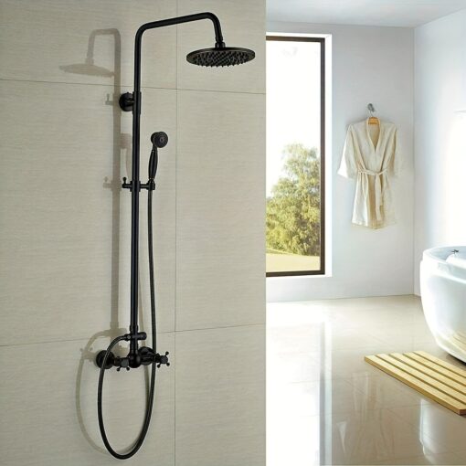 Oil Rubbed Bronze Exposed Bathtub Shower Faucet Wall Mounted 8" Rainfall Head And Double Handles Adjustable Handheld Spraye Shower Fixture Set For