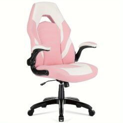 Olixis Computer Gaming Chair, Office Desk Pu Leather Chair With Padded High Back Flip-up Armrests, Swivel Task Chair Adjustable Height, Pink