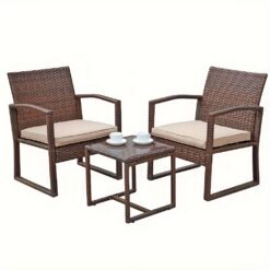 Outdoor 3-piece Bistro Set, All-weather Wicker Patio Furniture, Brown Pe With Beige Cushions, Tempered Glass-top Coffee Table, For Patio Balcony And