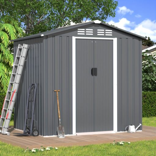 Outdoor Metal Storage Shed, Metal Shed Kit With Double Doorknobs And Air Vents Waterproof Sheds Cabinet For Patio And Outside Storage