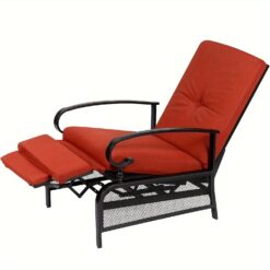 Outdoor Recliner Adjustable Backrest Lounge Chair With Black Metal Frame & Removable Cushions For Porch, Backyard, Pool Or Garden, Red