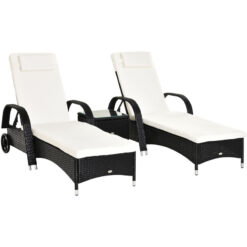 Outsunny - 3 pcs Rattan Lounger Recliner Bed Garden Furniture Set Side Table Black