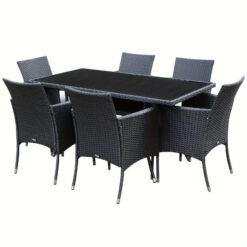 Outsunny 7 Pieces Outdoor Pe Rattan Garden Dining Set, Patio Conversation Furniture Set With 6 Cushioned Armchairs And Rectangular Glass Top Table,