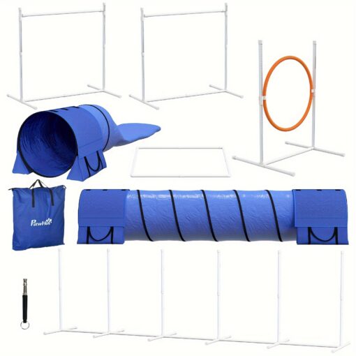 Pawhut 7 Piece Dog Agility Training Equipment, Dog Obstacle Course Kit With Tunnels, , Adjustable , Jumping Ring, , Whistle, Blue