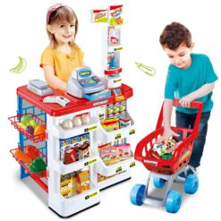 ' Play Supermarket Set With Shopping Cart - Educational Toy For 3-6, Includes Fruits & Vegetables, Red/blue, Battery Not Included