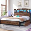 Queen Size Bed Frame With Headboard & 4 Drawers, Platform Metal Bed Frame Queen Size With Led Light And Charging Station, Spring Needed, Rusticoak